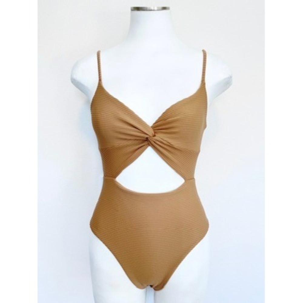 L Space Kyslee One Piece Ribbed Twist Front Cutout Swimsuit Ginger Tan Small